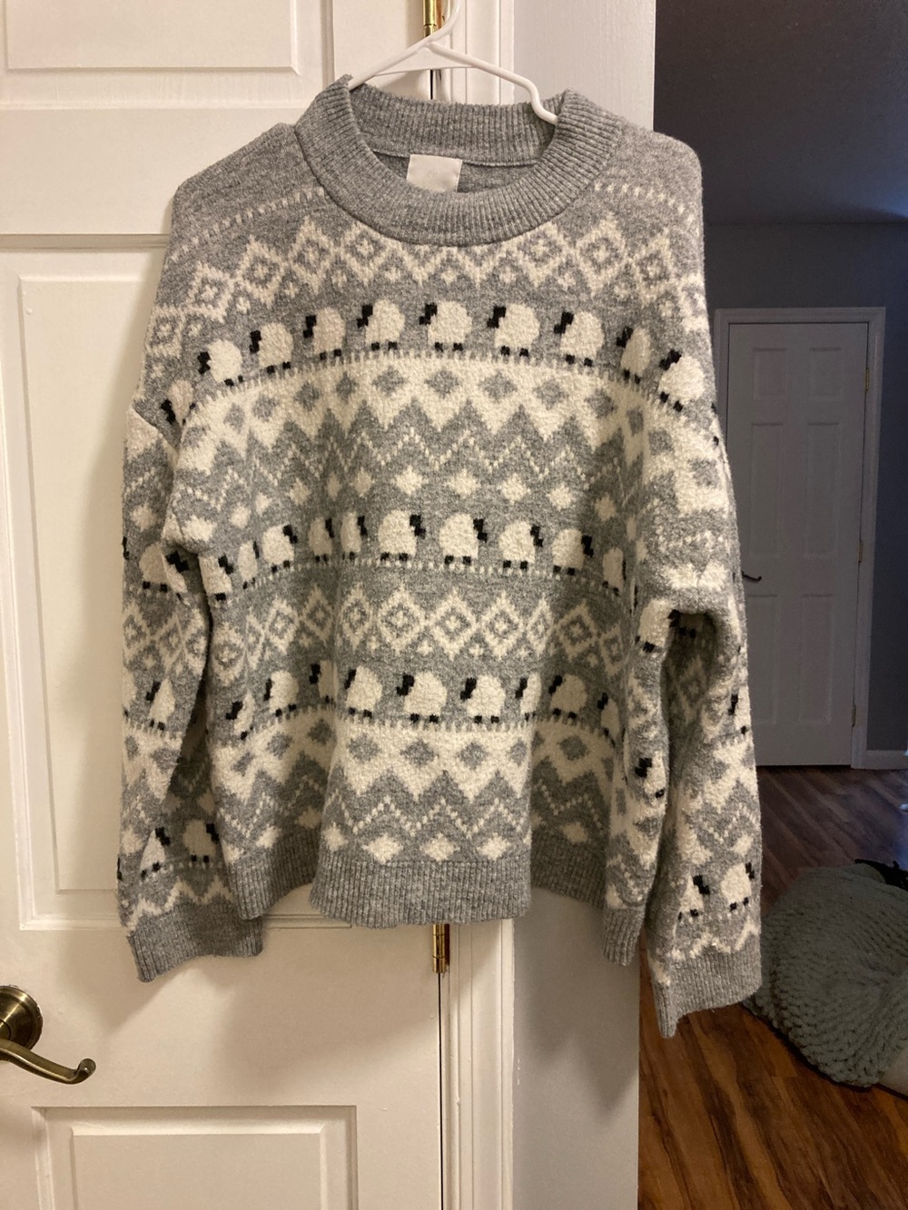 H&M Gray and White Fair Isle Sheep Crewneck Sweater